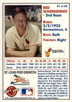 1992 Pacific McDonald's St. Louis Cardinals #21 Red Schoendienst Back