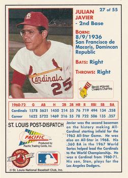1992 Pacific McDonald's St. Louis Cardinals #27 Julian Javier Back