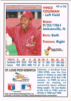 1992 Pacific McDonald's St. Louis Cardinals #42 Vince Coleman Back