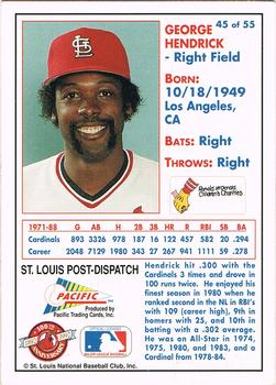 1992 Pacific McDonald's St. Louis Cardinals #45 George Hendrick Back