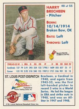 1992 Pacific McDonald's St. Louis Cardinals #48 Harry Brecheen Back