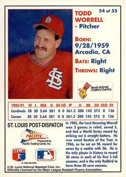 1992 Pacific McDonald's St. Louis Cardinals #54 Todd Worrell Back