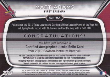 2012 Bowman Platinum - Jumbo Relic Autograph Refractors #AJR-MA Matt Adams Back