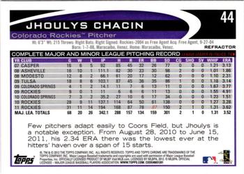 2012 Topps Chrome - Orange Refractors #44 Jhoulys Chacin Back