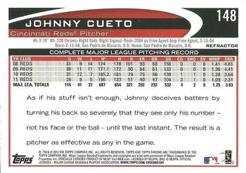 2012 Topps Chrome - Orange Refractors #148 Johnny Cueto Back