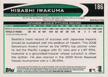2012 Topps Chrome - Orange Refractors #186 Hisashi Iwakuma Back