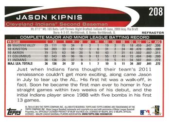 2012 Topps Chrome - Orange Refractors #208 Jason Kipnis Back