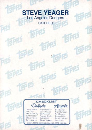 1981 Topps Home Team Photos Los Angeles Dodgers / California Angels #NNO Steve Yeager Back