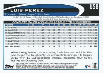 2012 Topps Update #US8 Luis Perez Back