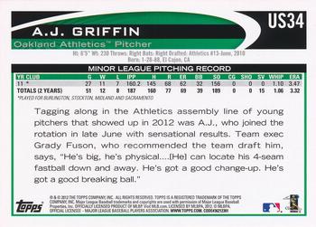 2012 Topps Update #US34 A.J. Griffin Back