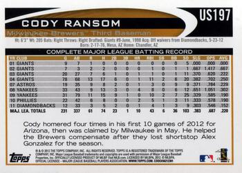 2012 Topps Update #US197 Cody Ransom Back