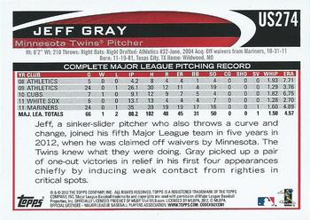 2012 Topps Update #US274 Jeff Gray Back