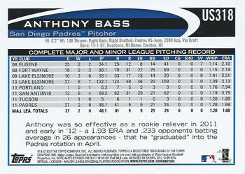 2012 Topps Update #US318 Anthony Bass Back