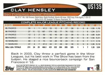 2012 Topps Update #US135 Clay Hensley Back