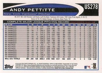 2012 Topps Update #US278 Andy Pettitte Back