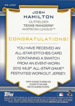 2012 Topps Update - All-Star Stitches #AS-JHM Josh Hamilton Back