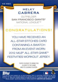 2012 Topps Update - All-Star Stitches #AS-MEC Melky Cabrera Back