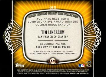 2012 Topps Update - Gold Award Winners Rings #GAR-TL Tim Lincecum Back