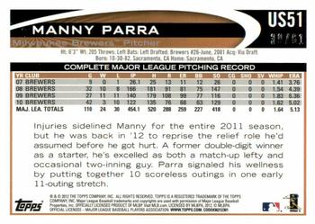 2012 Topps Update - Black #US51 Manny Parra Back