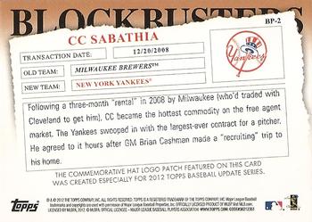 2012 Topps Update - Blockbusters Commemorative Hat Logo Patch #BP-2 CC Sabathia Back