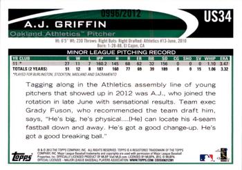 2012 Topps Update - Gold #US34 A.J. Griffin Back