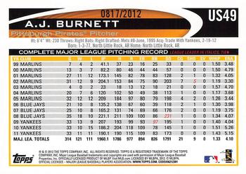 2012 Topps Update - Gold #US49 A.J. Burnett Back