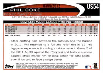 2012 Topps Update - Gold #US54 Phil Coke Back
