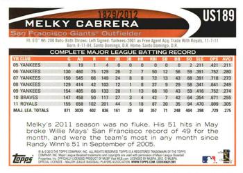 2012 Topps Update - Gold #US189 Melky Cabrera Back