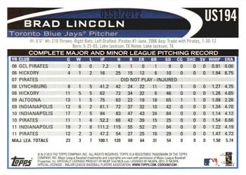 2012 Topps Update - Gold #US194 Brad Lincoln Back