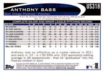 2012 Topps Update - Gold #US318 Anthony Bass Back