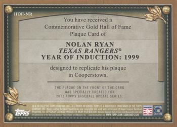 2012 Topps Update - Commemorative Gold Hall of Fame Plaque #HOF-NR Nolan Ryan Back