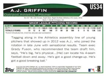 2012 Topps Update - Gold Sparkle #US34 A.J. Griffin Back