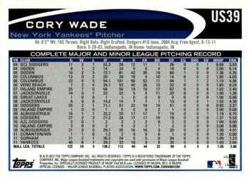 2012 Topps Update - Gold Sparkle #US39 Cory Wade Back