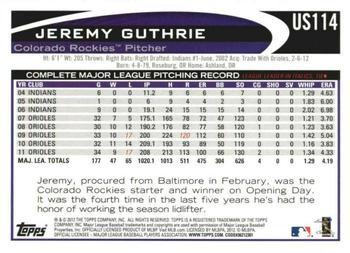 2012 Topps Update - Gold Sparkle #US114 Jeremy Guthrie Back