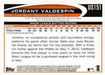 2012 Topps Update - Gold Sparkle #US151 Jordany Valdespin Back