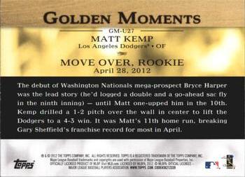 2012 Topps Update - Golden Moments #GM-U27 Matt Kemp Back