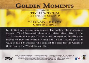 2012 Topps Update - Golden Moments #GM-U38 Tim Lincecum Back