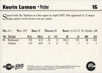 1997 Best Columbus Clippers #16 Kevin Lomon Back
