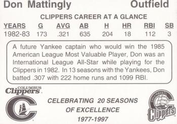 1997 Columbus Clippers 20th Anniversary #17 Don Mattingly Back