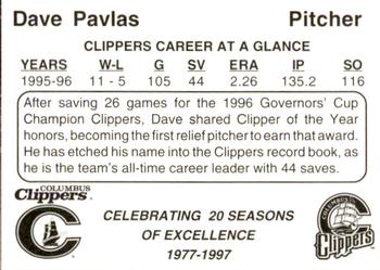 1997 Columbus Clippers 20th Anniversary #23 Dave Pavlas Back