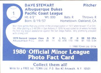 1980 TCMA Albuquerque Dukes #1 Dave Stewart Back