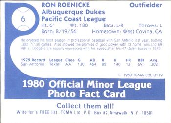 1980 TCMA Albuquerque Dukes #6 Ron Roenicke Back