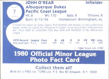 1980 TCMA Albuquerque Dukes #7 John O'Rear Back