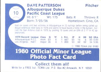 1980 TCMA Albuquerque Dukes #10 Dave Patterson Back