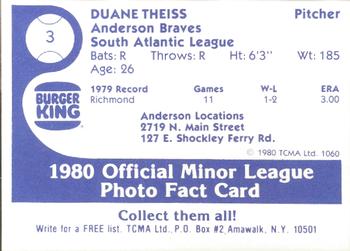 1980 TCMA Anderson Braves #3 Duane Theiss Back