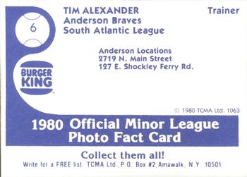 1980 TCMA Anderson Braves #6 Tim Alexander Back
