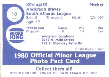 1980 TCMA Anderson Braves #10 Ken Ames Back
