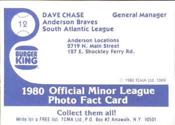 1980 TCMA Anderson Braves #12 Dave Chase Back