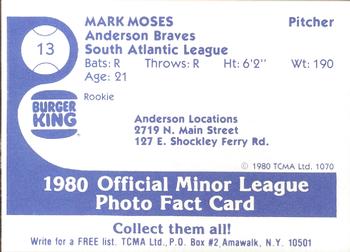 1980 TCMA Anderson Braves #13 Mark Moses Back