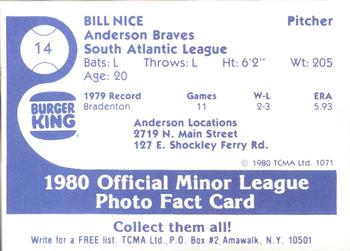 1980 TCMA Anderson Braves #14 Bill Nice Back